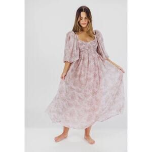 Worth Collective Mauve Floral Puff Sleeve Bustier Neck Harlow Maxi Womens Small